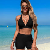Emoswimsuit - Women's Bikini Sets Trim 2 Piece High Waisted Swimsuit Halter V Neck Adjustable Drawstring Straps Bathing Suit with Boyshort